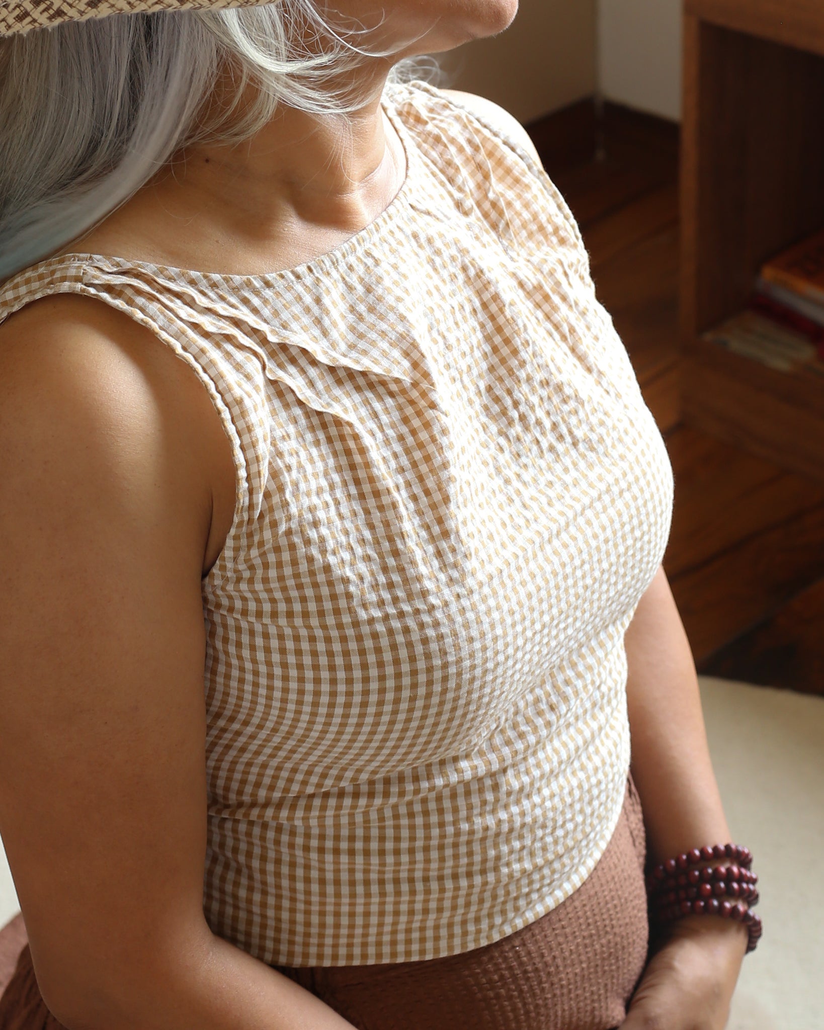 Lana's Bow Top in Toffee Beige Gingham Check