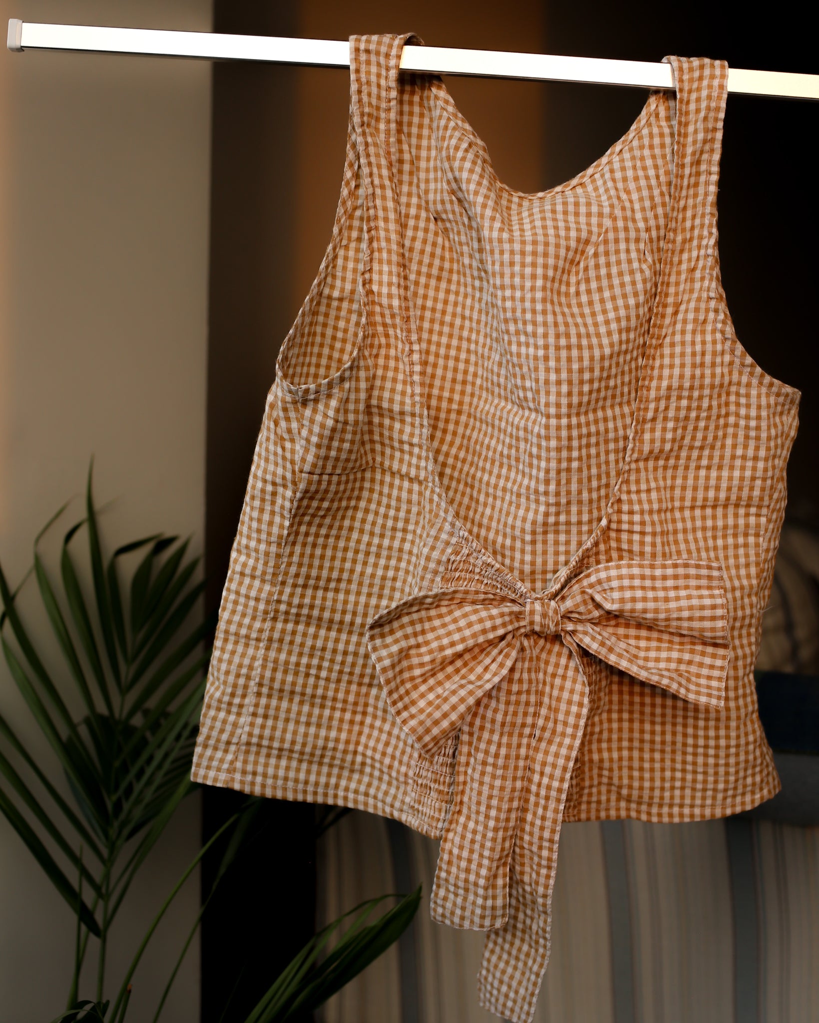 Lana's Bow Top in Toffee Beige Gingham Check