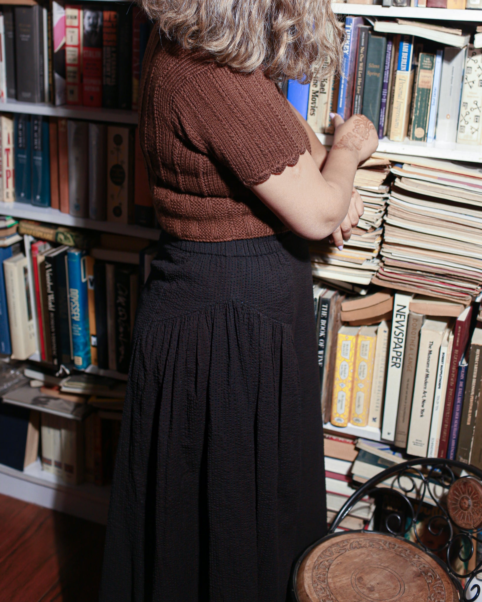 Close-up of textured seersucker cotton fabric on a long skirt with smooth polysilk lining.