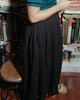 side gathers of the midi skirt with elasticated waistband.