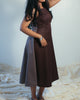 Side view of Dual-shade fit & flare midi dress in coffee brown and taupe