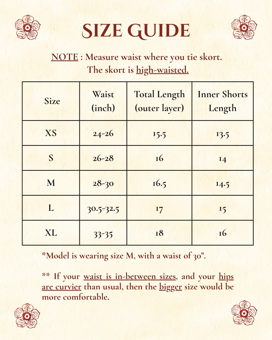 Size guide chart for a skort with measurements in inches and centimeters.