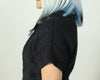 Side view of a black wool sweater in 100% pure wool with armhole border for a structured fit.