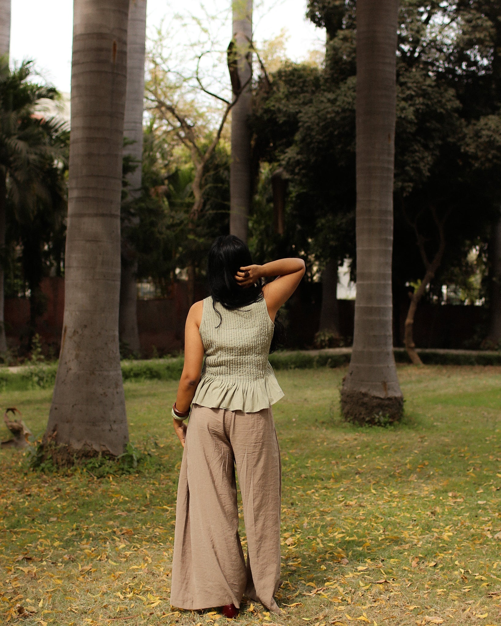 Flowy cotton co-ord set with pleated peplum top and wide leg pants, relaxed summer wear for women