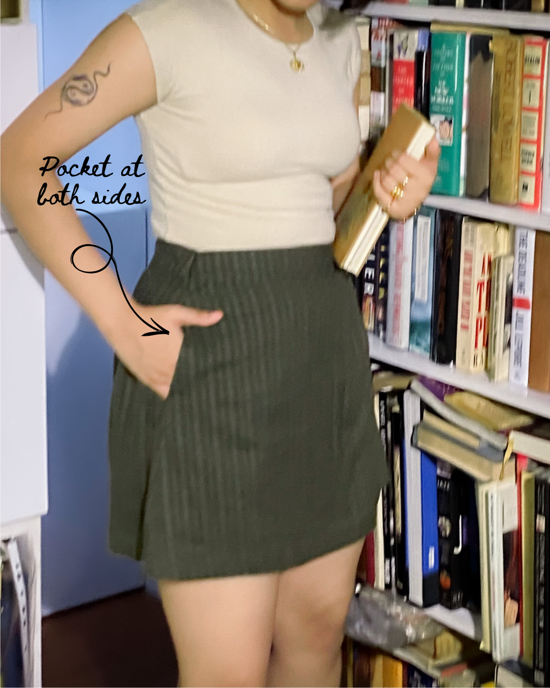 Olive green cotton skort with wrap front and built-in shorts