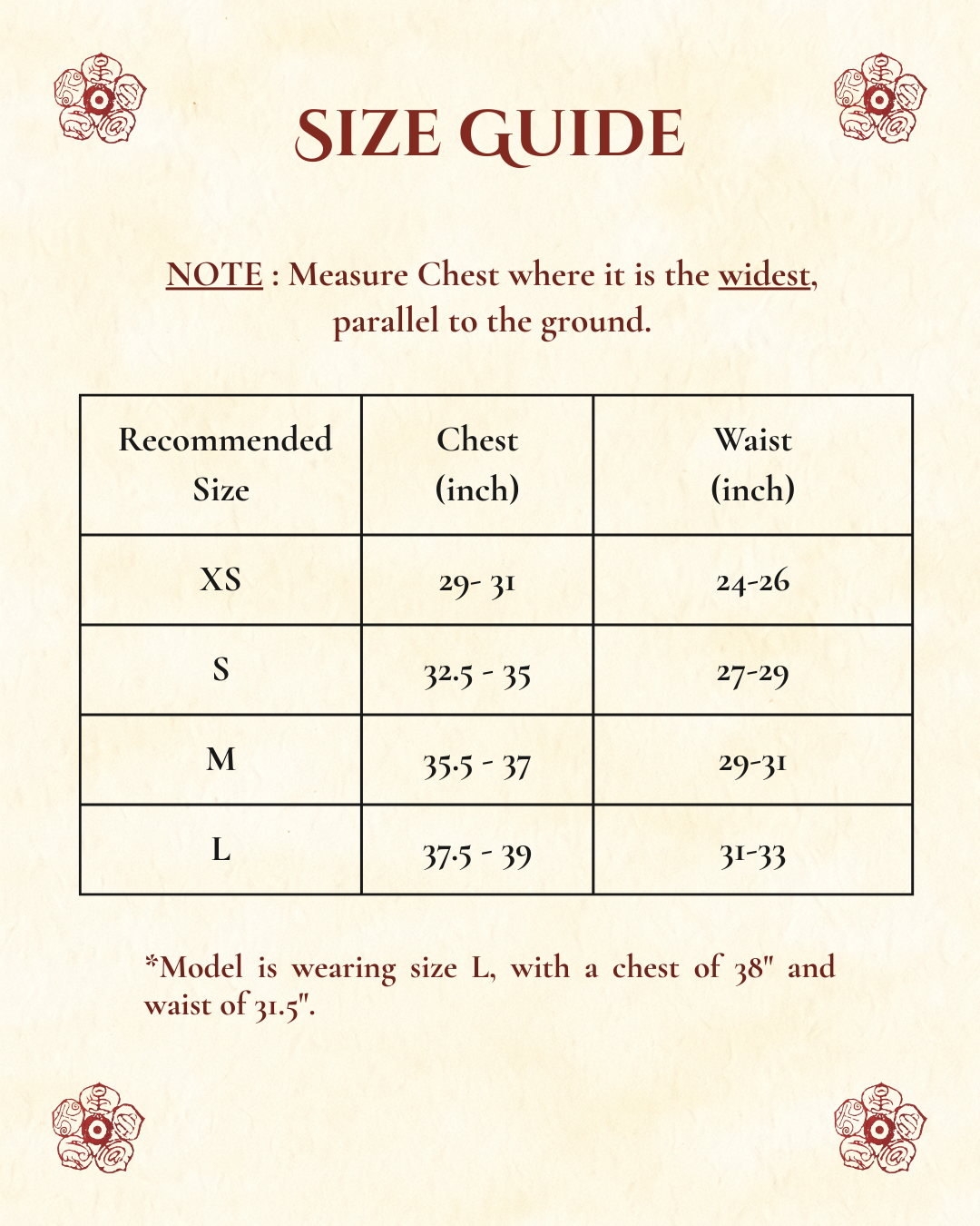 Size chart for cotton pleated top with measurements and fit guide for women in India